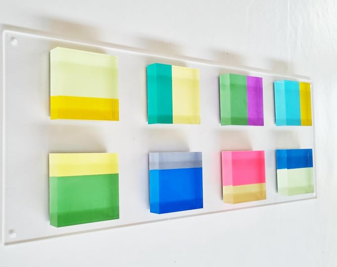 Hand Painted Cube Art: Colorful Acrylic Blocks on Plexi Panel. Choose your colors and panel sizes