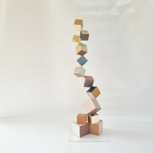 Neutral Wood Cube Sculpture: Modern 3D Art on Perspex Base