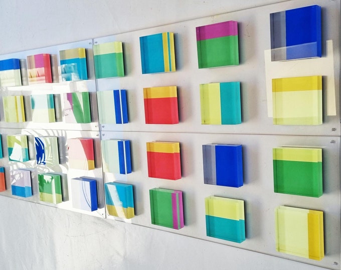 Hand painted 3d wall art. Modern and bold wall sculpture. Acrylic blocks on Plexi panel. Choose the size of the panel, colors of the cubes
