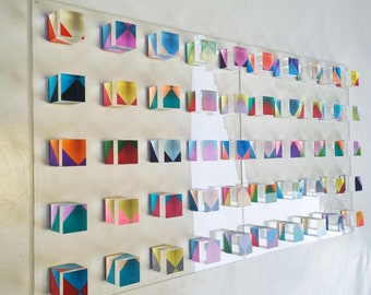 Large wall art. 3d installation, hand painted 3d acrylic cubes. Geometric wall sculpture.  Bold  translucid cube art. Choose your colors!