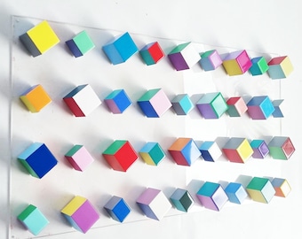 3D Wood Wall Art: Hand-Painted Cubes on Acrylic, Resin Finish