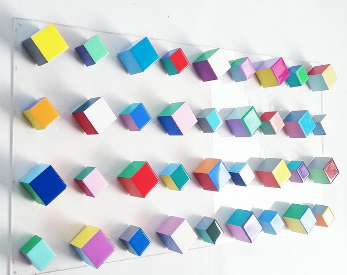3D Long wood wall art,  It can be hung vertically and horizontally. Hand painted Wooden cubes on acrylic base. Resin on top face