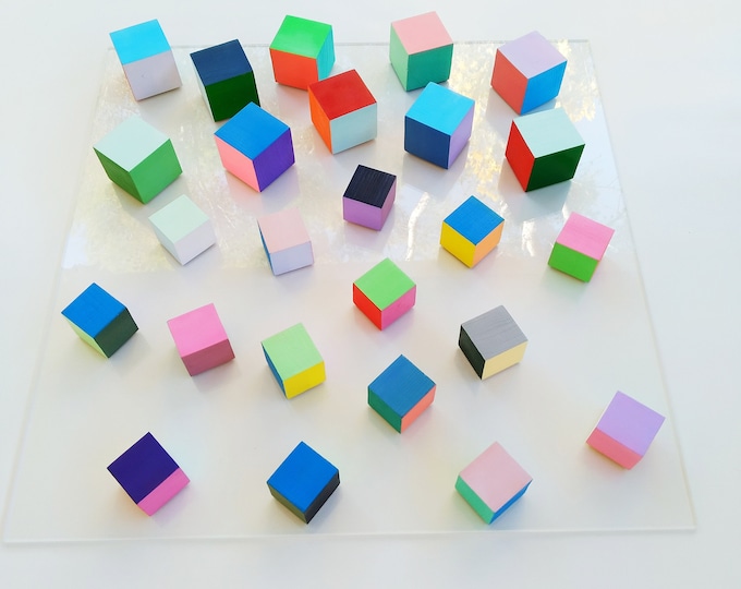 3D wood wall art© Floating and modern wall decoration. Wood sculpture. Cube wall art, wall hanging art, wooden art, wood cube mosaic, color.