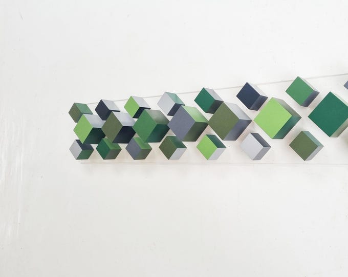 Customizable 3D long wood wall art. Hand-Painted Cube Sculpture in Green, Gray and Black. Perfect for Narrow Spaces and Cabin Decor.