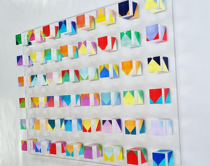 Wall Art. Colored acrylic cubes on transparent panel. 3d geometric wall art. Hand painted bold happy colors. Customizable size and color.