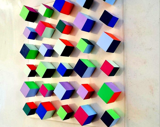 Hand-Painted Wooden Cube Wall Art: Modern Geometric Sculpture