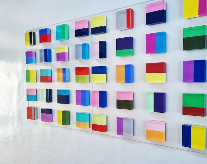Large 3d wall art, customizable 24x24” Acrylic Art Panels with Hand-Painted Colorful Cubes, Unique Light Reflecting Decor, Modern sculpture.