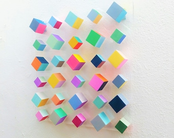 Colorful Wooden Cube Wall Art – Hand Painted 3D Geometric Wall Sculpture on Acrylic Panel. Modern Acrylic block decor