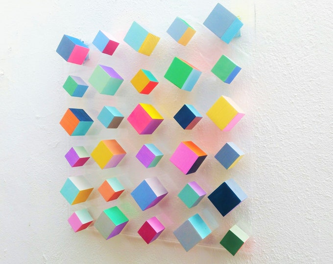 Colorful Wooden Cube Wall Art – Hand Painted 3D Geometric Wall Sculpture on Acrylic Panel. Modern Acrylic block decor