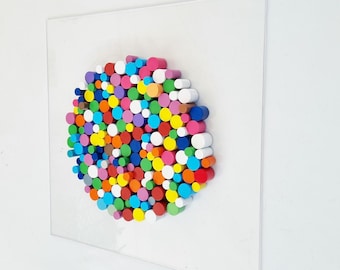 Wall sculpture, wood wall art in happy and bold colors. Circle wood art Dowel art. Circular Sculpture wooden art. 3 D art. ©