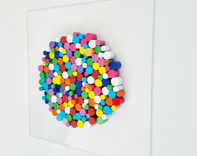Wall sculpture, wood wall art in happy and bold colors. Circle wood art Dowel art. Circular Sculpture wooden art. 3 D art. ©