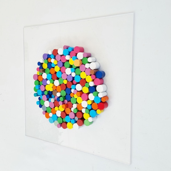 Wall sculpture, wood wall art in happy and bold colors. Circle wood art Dowel art. Circular Sculpture wooden art. 3 D art. ©