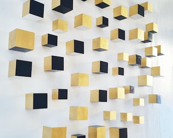 Black White Gold Wood Wall Cubes, Hand-Painted Geometric 3D Wall Art, DIY Modern Wall Decor