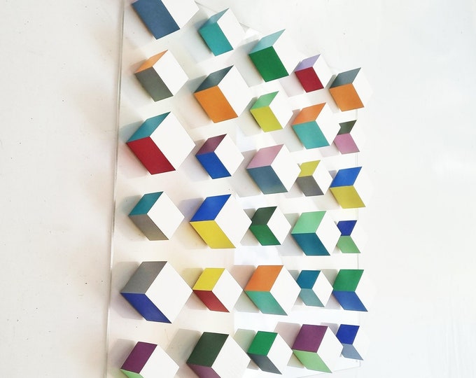 Modern wood wall art. 3d white cubes on the front and colored sides on acrylic panel. Modern art. Geometric sculpture. Ready to install ©