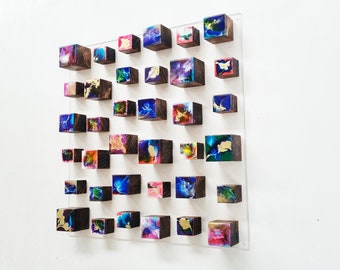 3d wood wall art. Hand painted using different techniques, wall sculpture with resin finish on top face.