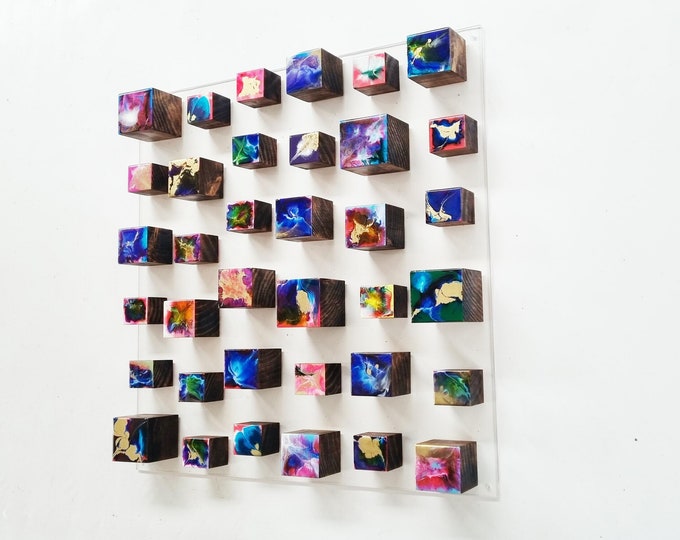 3d wall art. Hand painted using different techniques, wall sculpture with resin finish on top face. Each block is a small work of art ©