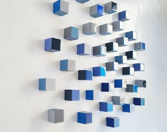 Modern 3D Wall Art: Hand-Painted Blue & Gray Resin Cubes