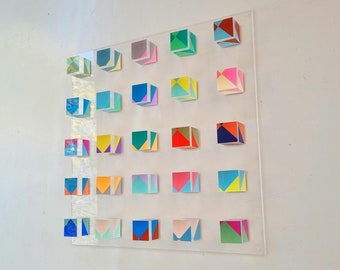 Hand painted clear cubes. Wall decor transparent blocks, 3d translucid cube art. Bold geometric art. Acrylic cubes on Lucite glass panel.