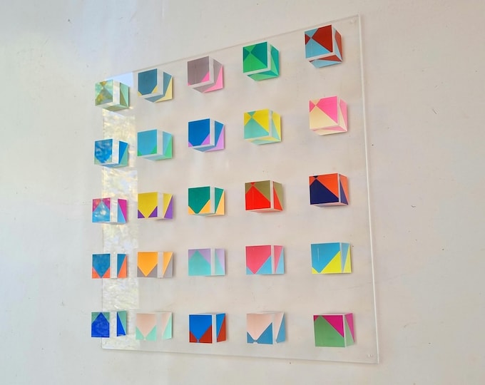 Hand painted clear cubes. Wall decor transparent blocks, 3d translucid cube art. Bold geometric art. Acrylic cubes on Lucite glass panel.