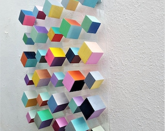 Abstract and modern wall art. © Wood art. Wood wall art. Woodwork. Geometric wall art. Mosaic. Cube Art. 3D art. Floating Wall decor hanging