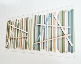 Wood wall art. Modern wall decor, large wood art. Slats in neutral colors, wall sculpture, 3d wall art. 2 bases 23.6" X 23.6"©