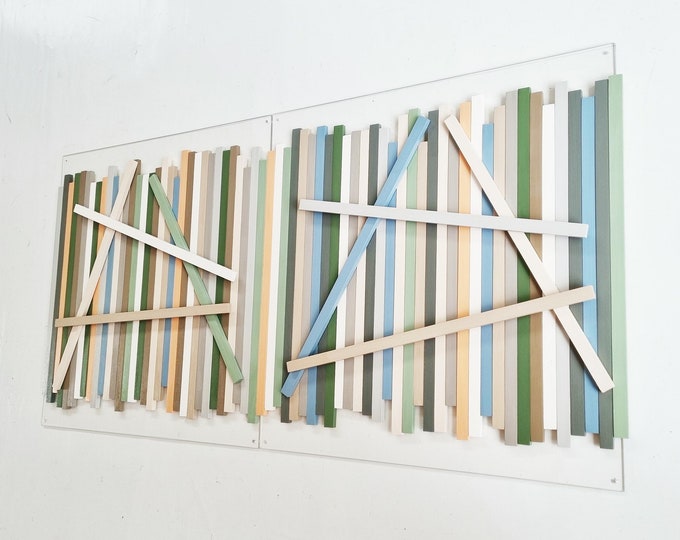 Wood wall art. Modern wall decor, large wood art. Slats in neutral colors, wall sculpture, 3d wall art. 2 bases 23.6" X 23.6"©