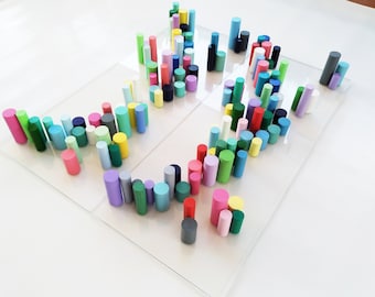 Wood Dowel, colorful wall art. Original and modern wood wall sculpture. Floating transparent base. 3D art. Rectangular wood wall art. ©