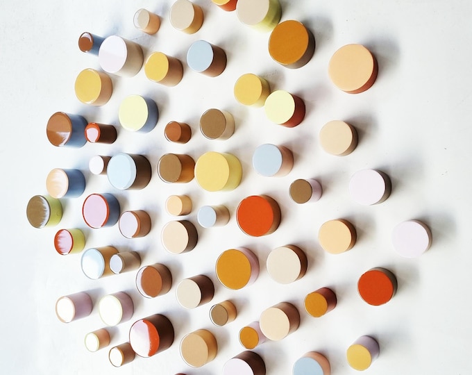 PACKS of hand painted neutral color cylinders. High quality, shiny epoxy resin top face. Choose the number of wall art Cylinders ©