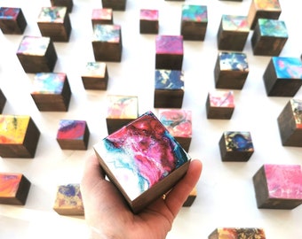 Hand Painted Wood Wall Art Cubes with Epoxy Resin - Modern Sculpture
