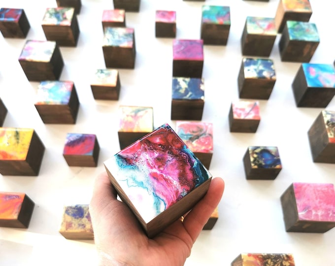 Choose the number of Self install wall art cubes PACKS of hand painted colored wooden cubes with high quality,shiny epoxy resin front face©