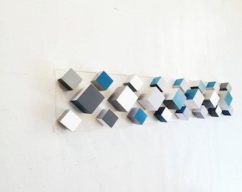 3D Cube Wood Wall Art: Hand-Painted Modern Sculpture