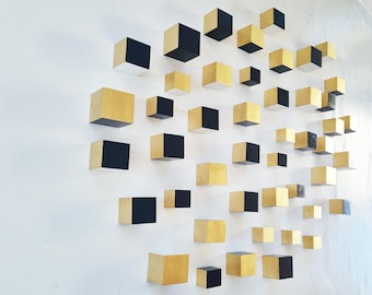 Modern Wood Cube Wall Art: B&W and Gold Leaf Sculpture