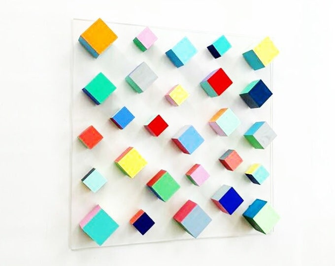 Wood wall art, abstract and modern 3D sculpture. Home decor wall art, Colorful and bold cubes. Geometric wood art.  Wall hanging wooden art©