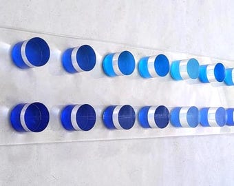 Large Blue Acrylic Sculpture – 3D Lucite Cylinders Artwork – Contemporary Geometric Decor – Hand painted Modern Installation