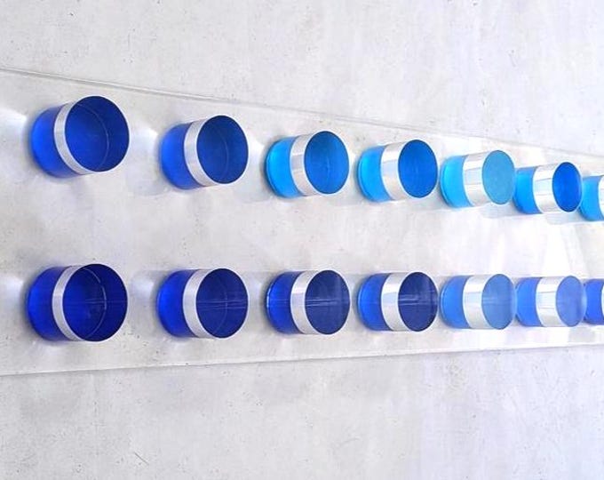Large Blue Acrylic Sculpture – 3D Lucite Cylinders Artwork – Contemporary Geometric Decor – Hand painted Modern Installation