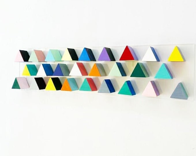 Painted wood. Wood art, geometric triangles, 3D art, sculpture wood wall art, wooden art decor, Home and living decoration. Wood triangles.