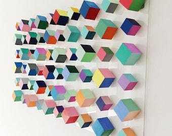 Geometric Wood Cube Wall Art, Hand-Painted colorful 3D Mosaic on Acrylic