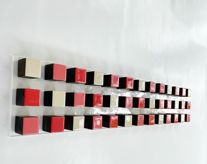 Wood wall art with resin finish. Long and narrow sculpture art. 3D art.Long horizontal wall art. Modern cube art in red. Wooden wall decor .
