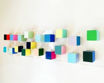 Wood wall art, pop colors, sculpture cube art, modern and bold wall decor. vertical, horizontal and narrow art. 3d artwork.  Long wall art