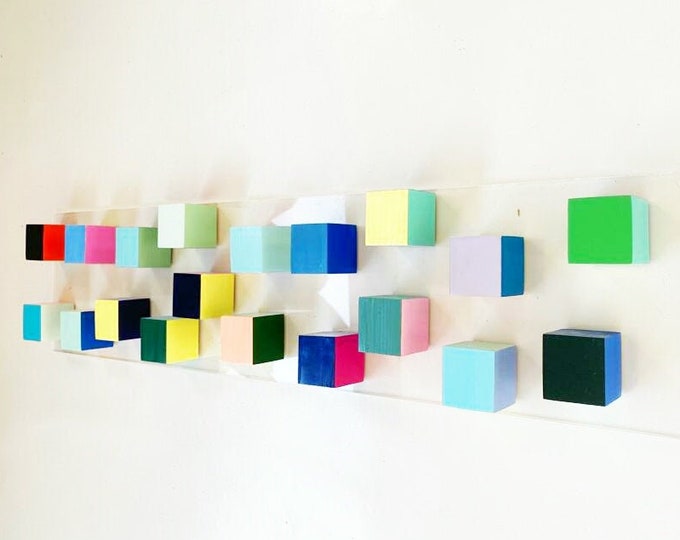 Wood wall art, pop colors, sculpture cube art, modern and bold wall decor. vertical, horizontal and narrow art. 3d artwork.  Long wall art