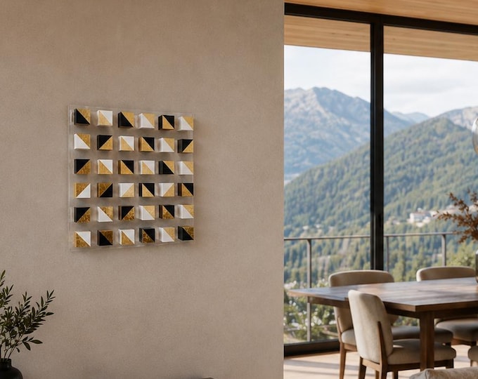 Black Gold Wood Wall Art, Luxury 3D Geometric Sculpture, Modern Wooden Cube Decor, Acrylic Panel, Contemporary Statement Piece