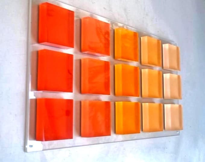 Hand-Painted 3D Acrylic Wall Art | Orange Gradient Blocks on Clear Panel | Modern wall sculpture.