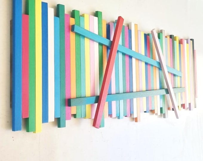 Hand-Painted Wood Wall Art – Modern 3D Wall Sculpture – Large Wooden Slats Panels in Happy Bold Colors – Vertical or Horizontal Wall Decor.