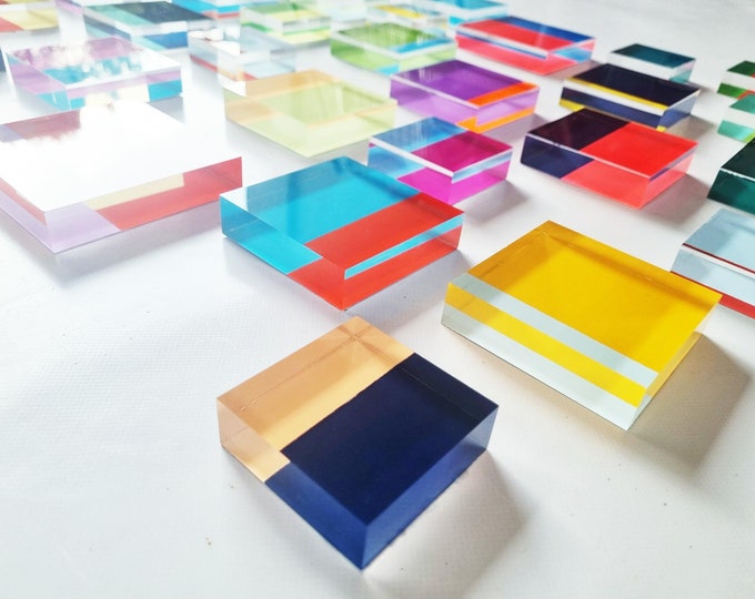 Pack of Color Blocks. Hand painted acrylic glass blocks. Easy to install Modern art. Bold bright happy colors. Floating transparent 3D art.