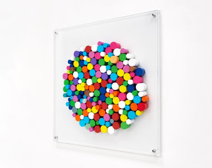 3D Wood Wall Art, Handmade Colorful Dowel Sculpture, Modern Floating Acrylic Decor, Geometric Circle Artwork