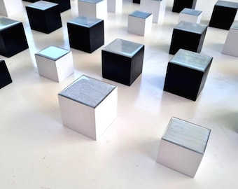 Geometric Wood Cube Wall Art: Modern 3D Sculpture. Silver, Black & White