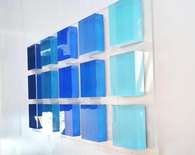 Wall art Gradient Blue Acrylic Cubes – Hand-Painted, Custom Sizes, Light-Reflecting 3D Art. Modern and unique block art. Ready to ship now!