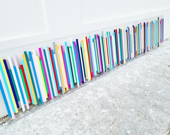 Large wood wall art in bright and fun colors. 3 acrylic glass panels, each panel 39" X 3.6" total 117" X 23.6". 3d sculpture ©