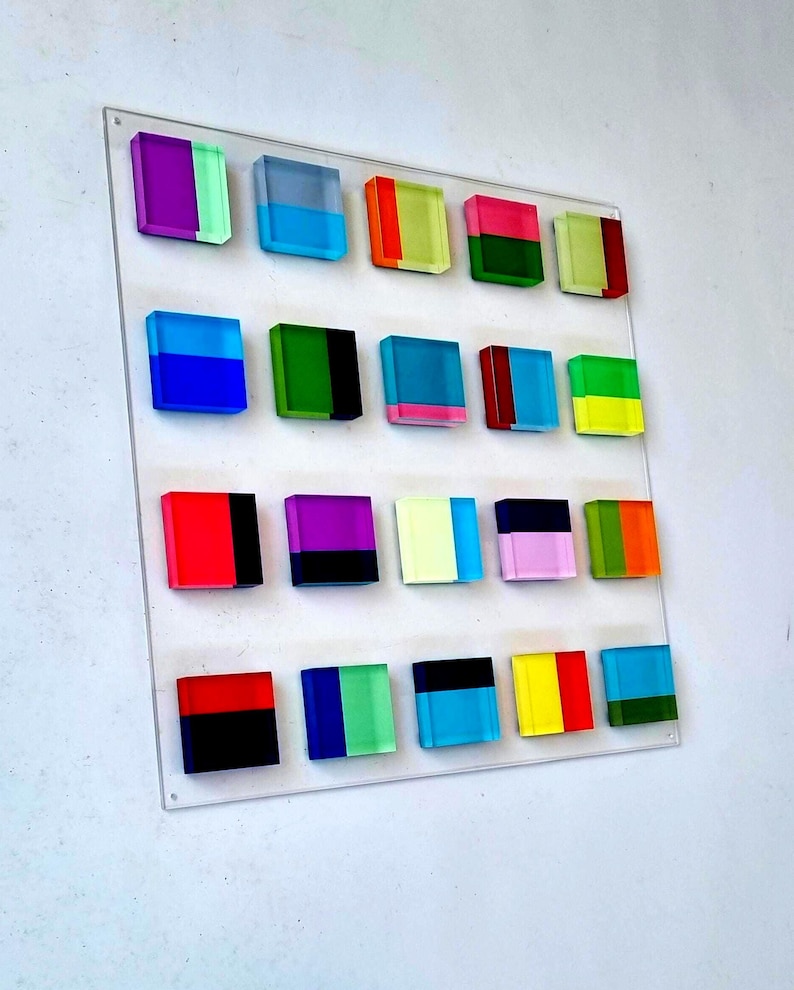 Hand Painted Acrylic Blocks, Floating 3D Geometric Wall Sculpture, Custom Lucite Installation, Colorful Modern Decor image 3
