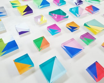 Modern Sculpture 3D wall art. Hand painted acrylic blocks in happy and bold colors. You can choose the number of acrylic cubes